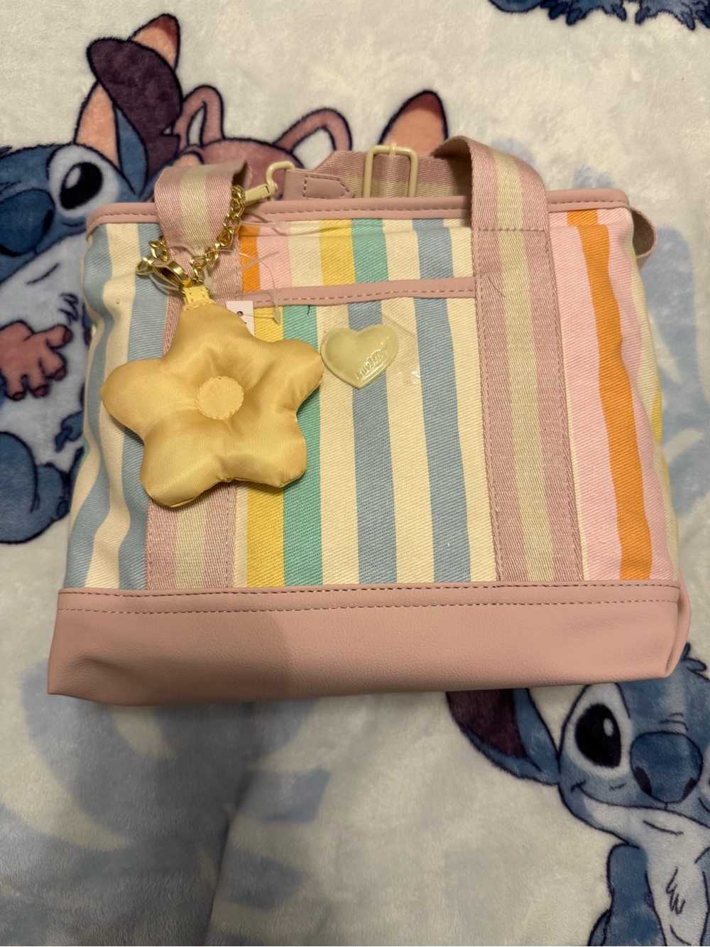 Betsey Johnson Pastel Striped Canvas Tote with Flower Charm - Pink - Picture 4 of 5